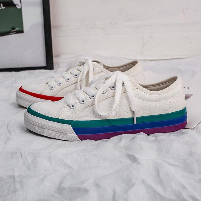 Rainbow Canvas Shoes Female Shoes Feature Stitching Soles White Shoes