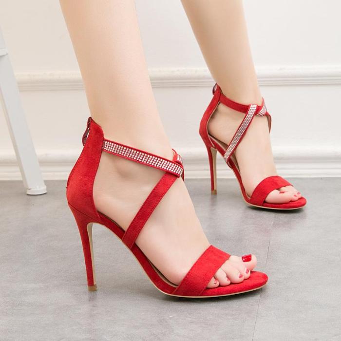 Fashion Sexy Women's Sandals with High Heels Suede Toe with Rhinestone Heels
