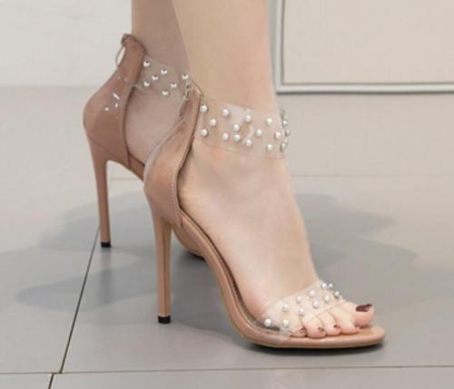 woman clear transparent thin high heels pumps stiletto ladies rivets