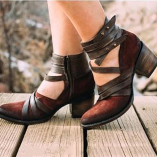 Women Vintage Ankle Buckle Boots Casual Side Zipper Boots