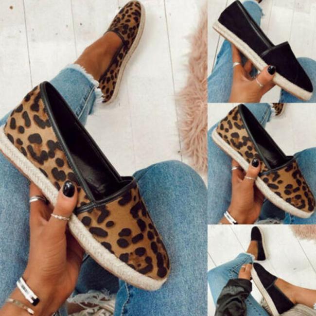 Leopard Print Straw-Weaved Sole Flat Loafers