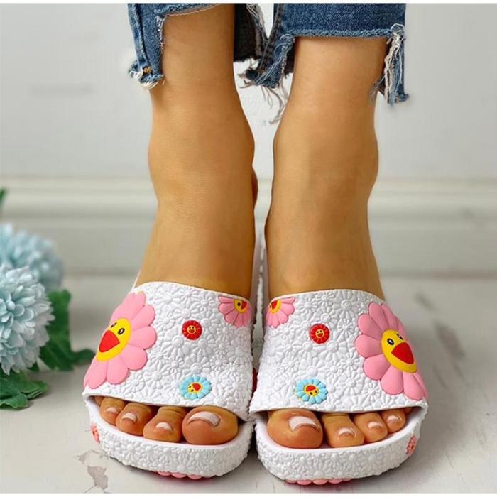 Cute Sunflower Flat Flip Flops Ladies Soft Slides Shoes Female Print Floral Bling