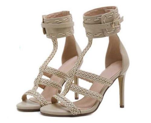 woven PU leather girl  ladies sandals cut out women thin high heels sexy pumps