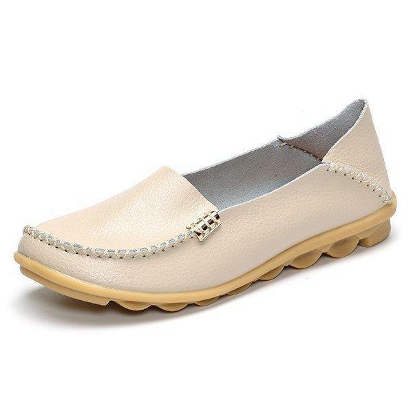 Big Size Soft Leather Pure Color Metal Slip On Comfortable Lazy Flats