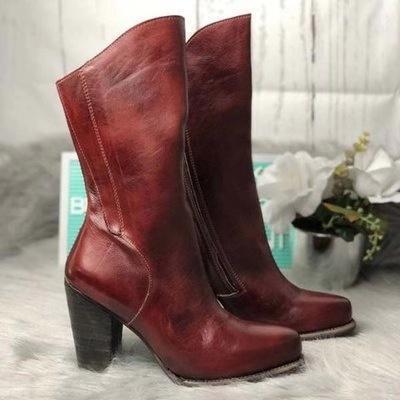 Vintage Side-Zipper High Chunky Artificial Leather Mid-Calf Boots