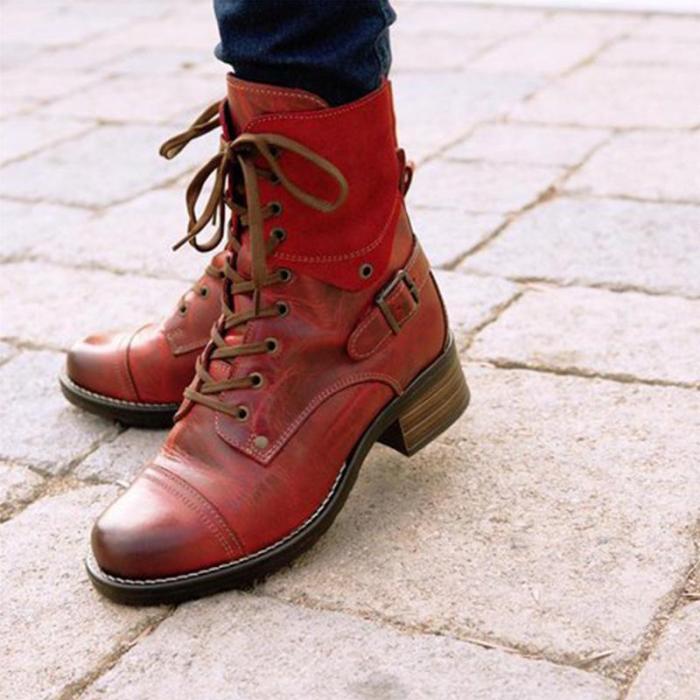 Casual Pu Lace-Up Buckle Med Chunky Cowboy Boots