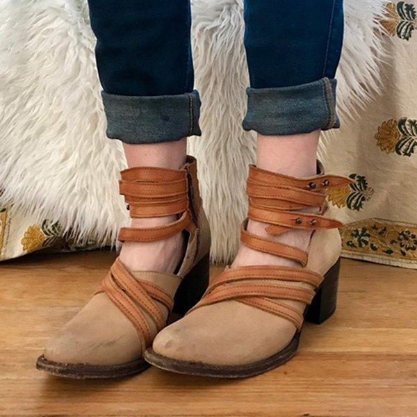 Women Vintage Ankle Buckle Boots Casual Side Zipper Boots