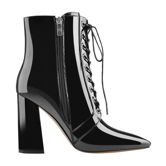 Pointed Toe Patent Leather Lace up Chunky High Heels Ankle Boots