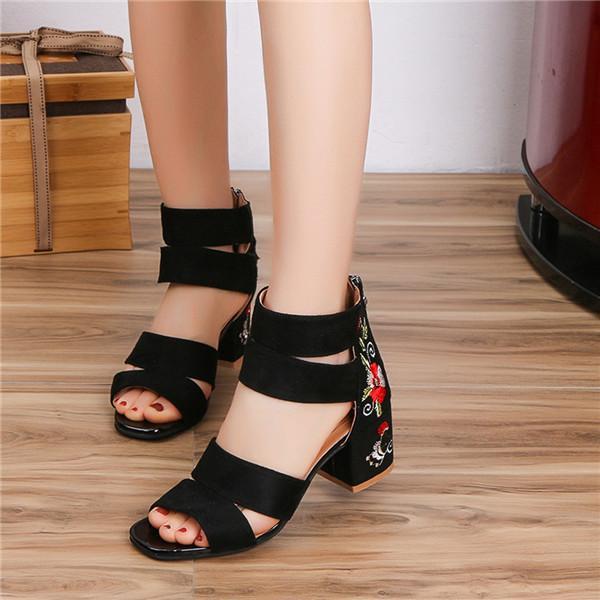 Zipper Embroidery Square Heel Breathable Sandals High Heel Shoes