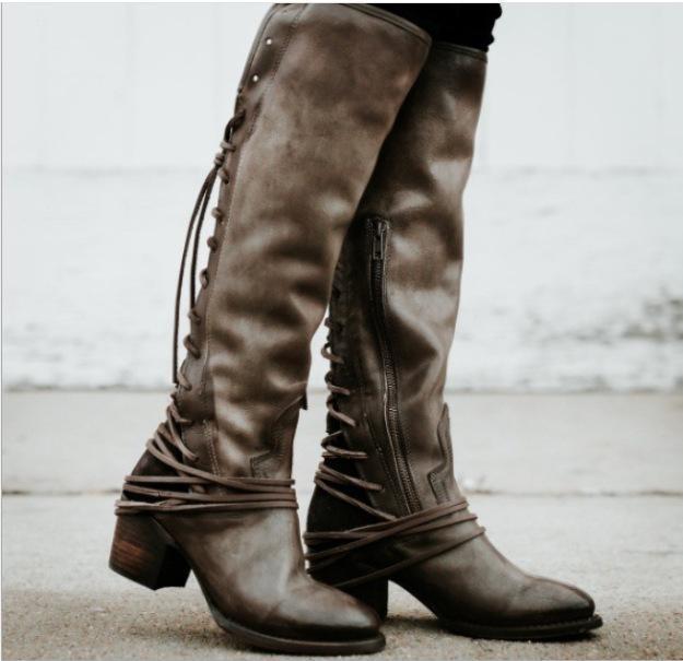 Women Vintage Boots European Style Bandage Above Knee Boots
