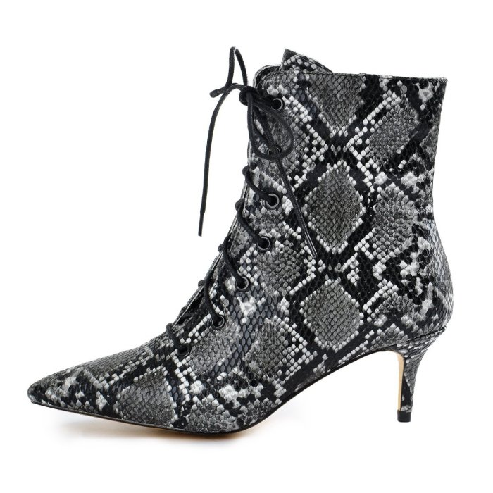 Kitten Low Heel Pointed Toe Lace Up Snake Ankle Boots
