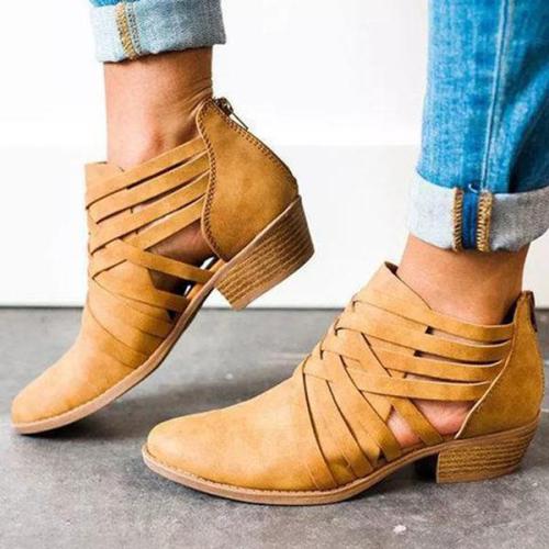Women Low Heel Casual Hollow-out Ankle Round Toe Boot