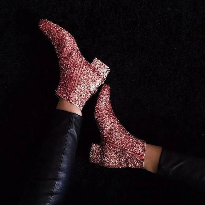 Women's Fashion Casual Sequins Solid Color Boots