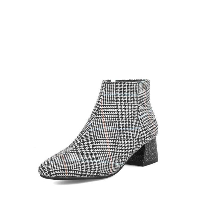 Women Elegant Plaid Print Side-zipper Chunky Heel Boots