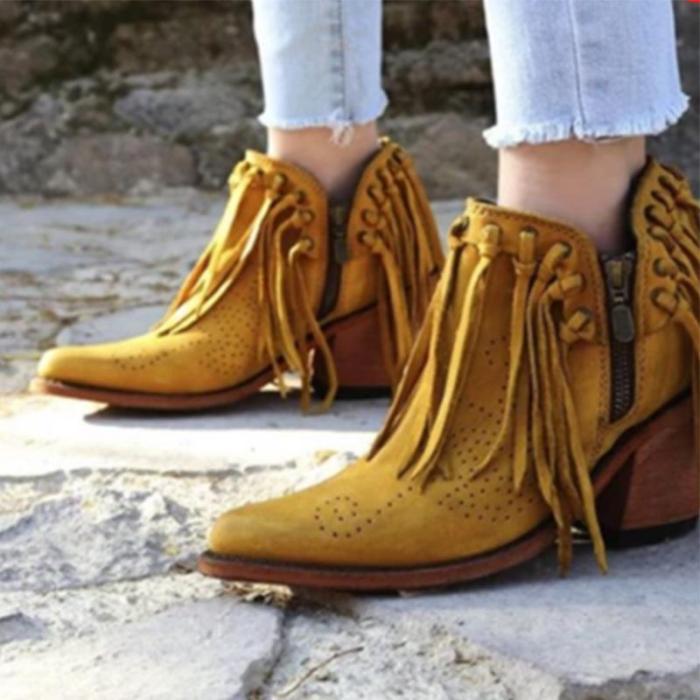 Classic Tassel Side Zipper Pure Color Ankle Boots