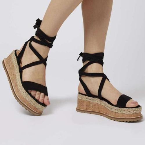 Lace-Up Wedge Heel Open Toe Cross Strap Plain Sandals