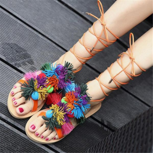 Ethnic Style   Color Tassel Ball Tie Flat Sandals