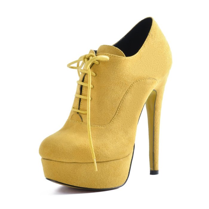 Platform Lace Up Stiletto High Heels Yellow Suede Leather Ankle Bootie