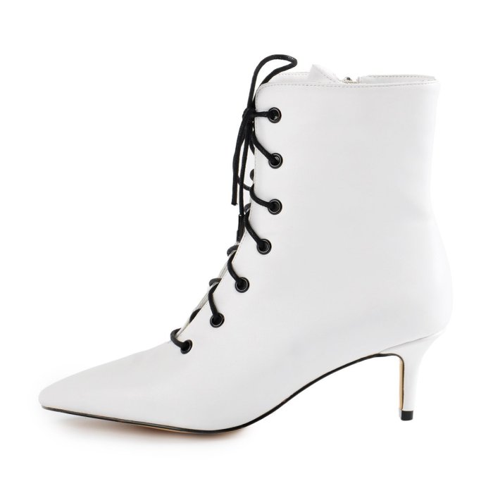 Kitten Low Heel Pointed Toe Lace Up White Ankle Boots