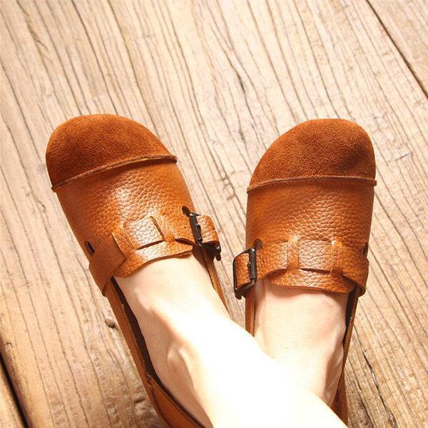 Genuine Leather Buckle Color Blocking Soft Flat Loafers