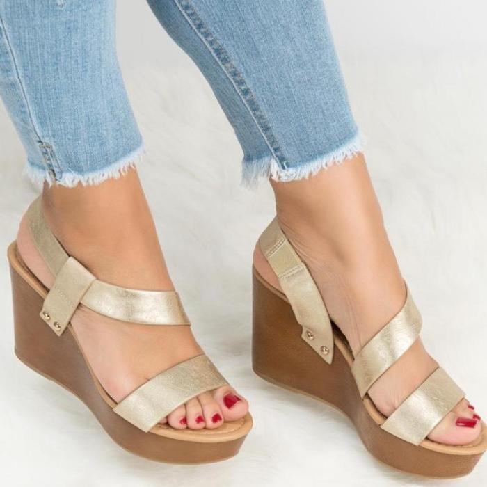 Women Simple Solid Band Ankle Strap Wedges Sandals