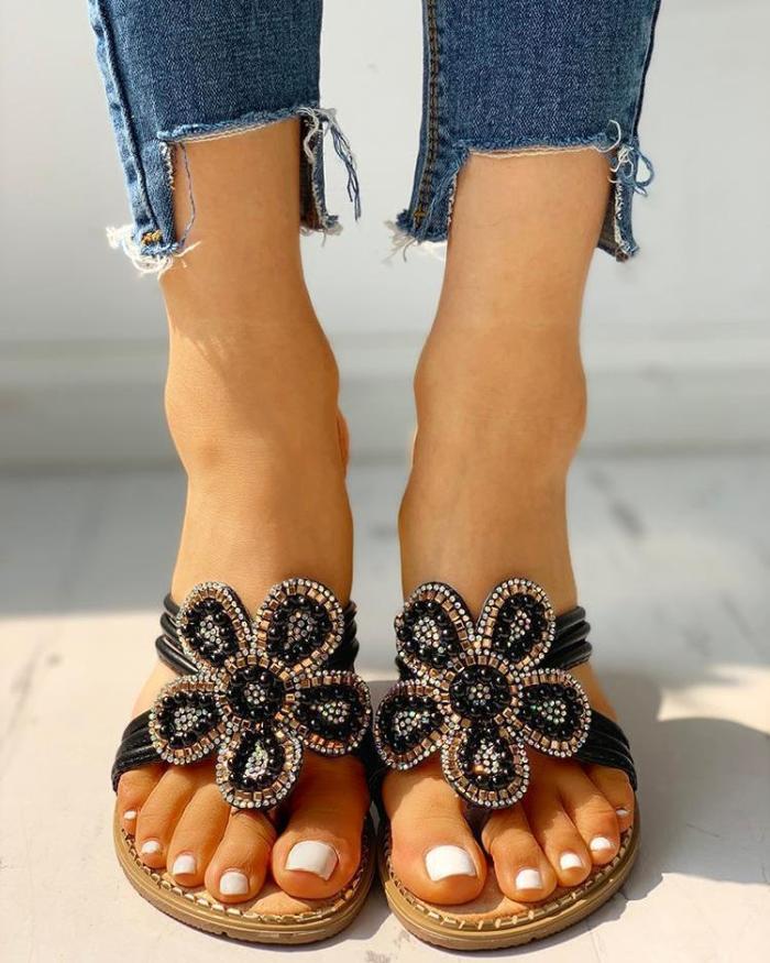 Flower Pattern Beaded Design Toe Post Sandals