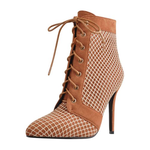 Lace Up Pointed Toe Brown Mesh Stiletto High Heel Ankle Boots