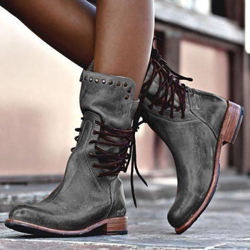 Women Vintage Boot Zipper Lace-Up Holiday Mid-calf Boots