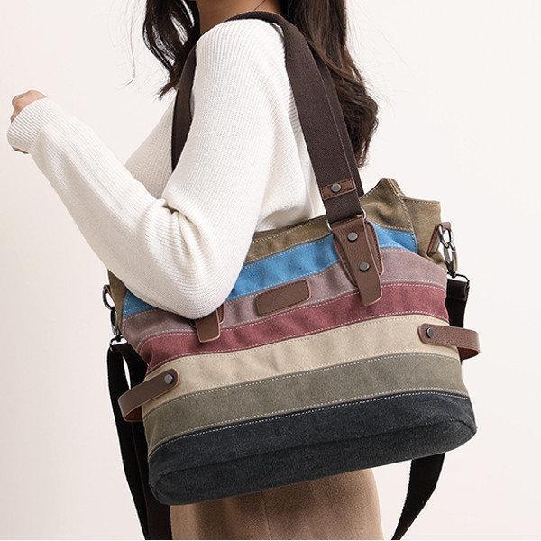 KVKY Canvas Stripe Handbag Vintage Contrast Color Shoulder Bag