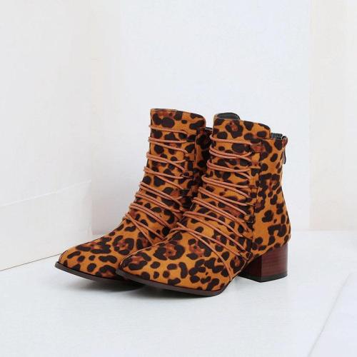 Women Chic Crisscrossed Front Med Chunky Heel Flocking Boots