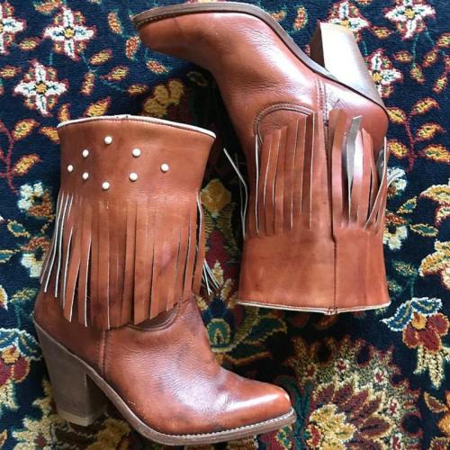 Vintage Pu Fringed High Chunky Mid-Calf Boots