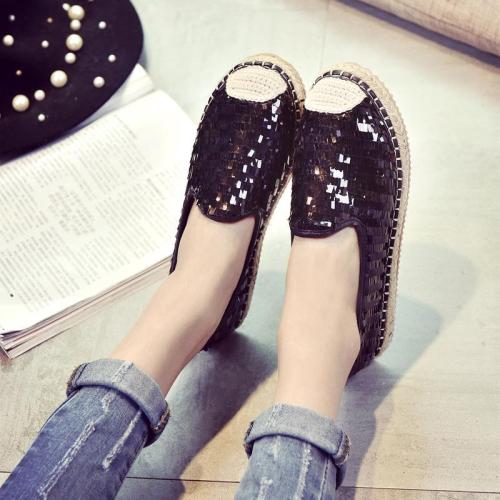 Women Leatherette Flat Loafers Casual Sequin Closed Toe Flat Heel Shoes