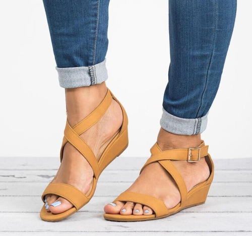 Cross-Band Open-Toe Ankle-Strap Low Wedges Sandals