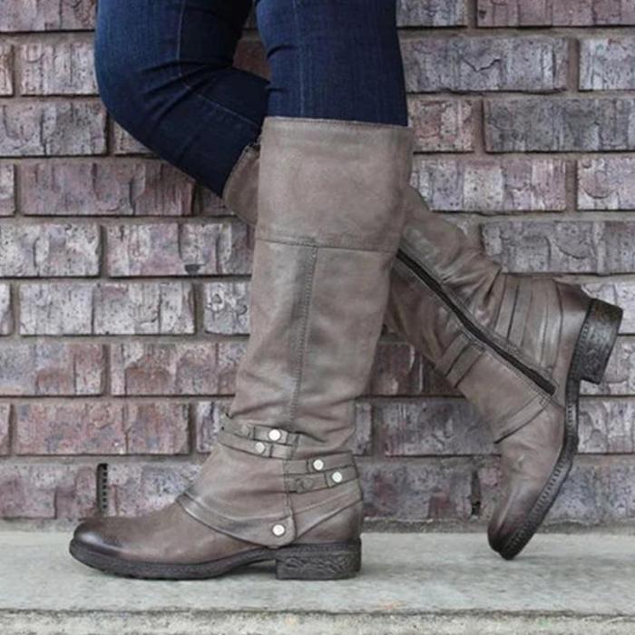Women Buckle Solid Boots Knee-Height Boots