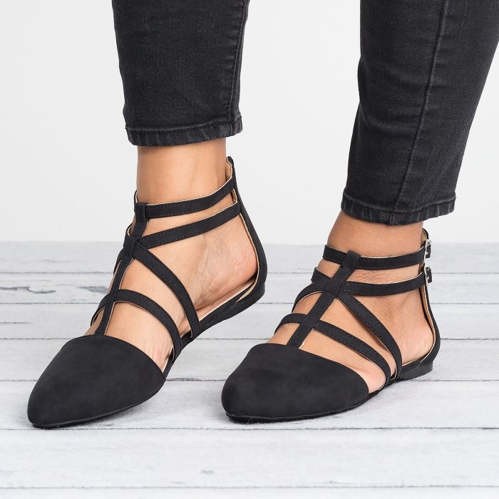 Strappy Faux Suede Black Flats