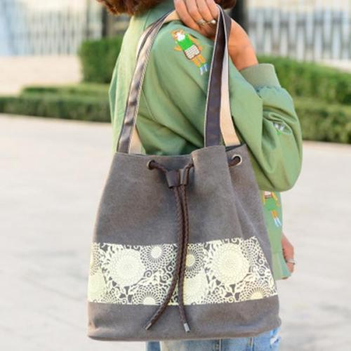 Fashion Women Handbags Floral Canvas Drawstring Bucket Bags