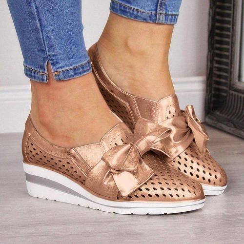 Women Wedge Heel Hollow Bow Sneakers Casual Shoes