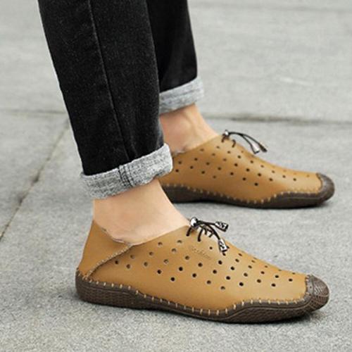 Mens Hollow-out Lace-up Breathable Driving Shoes Casual Flats