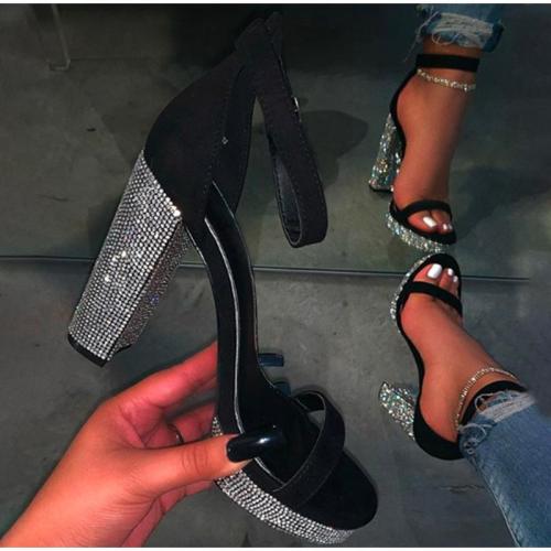 Sandals Rhinestone Thick High Heels Fashion Woman Shoes Ladies Buckle Open Toe