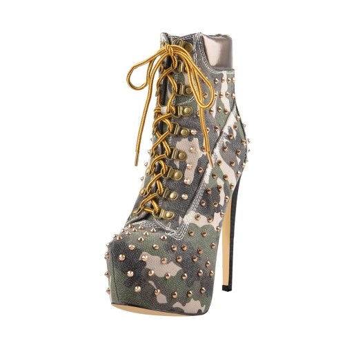 Green Camouflage Canvas Round Toe Gold Rivet Lace-up Ankle Boots