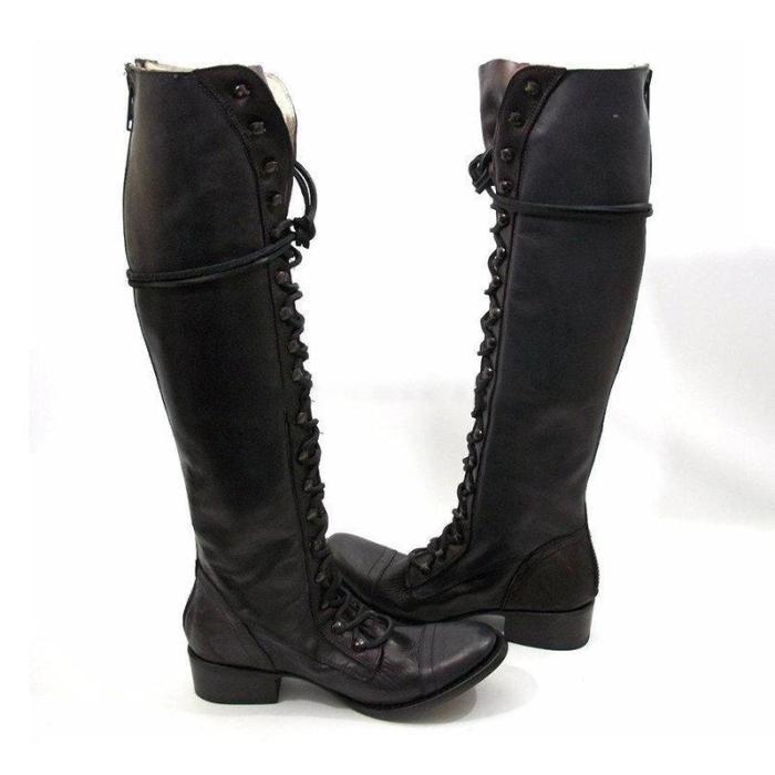 Women Winter Vintage Boots Lace-up Knee-high Shoes