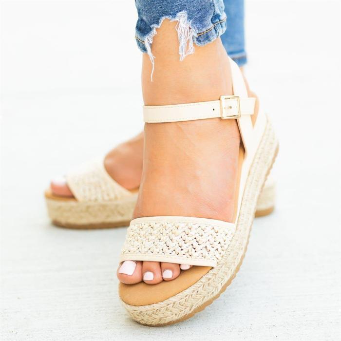 Summer Straw-Weaved Hollow Buckle Women Platform Sandals