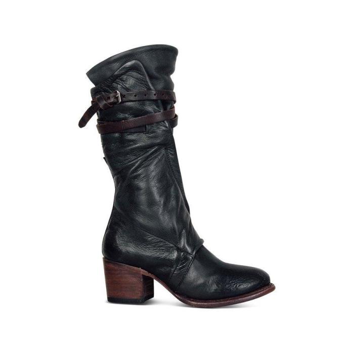 Women Vintage Low Heel Zipper Faux Leather Boots