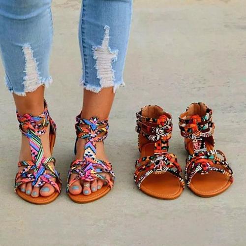 Floral Flat  Ankle Strap Peep Toe Casual Gladiator Sandals
