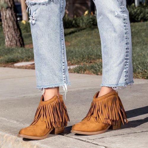 Women Vintage Fringe Chunky Heel Booties