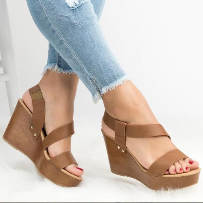Women Simple Solid Band Ankle Strap Wedges Sandals