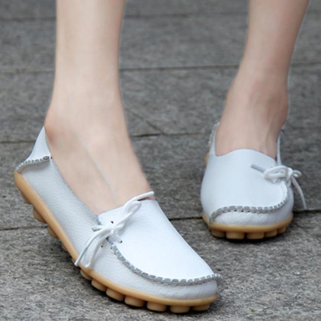 Women's White PU Flat Non-slip Bow-trim Flat Shoes