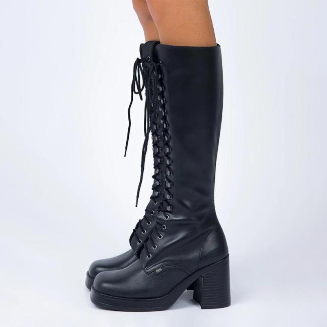 Black Chic High-heel Thick Sole Lace-up Boots
