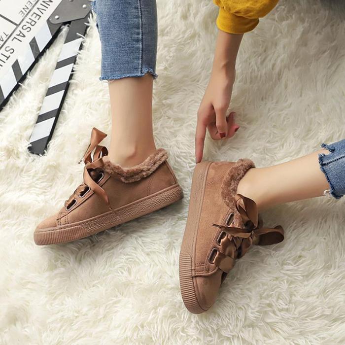 Womens Lace-Up Artificial Suede Flat Heel Warm Sneakers