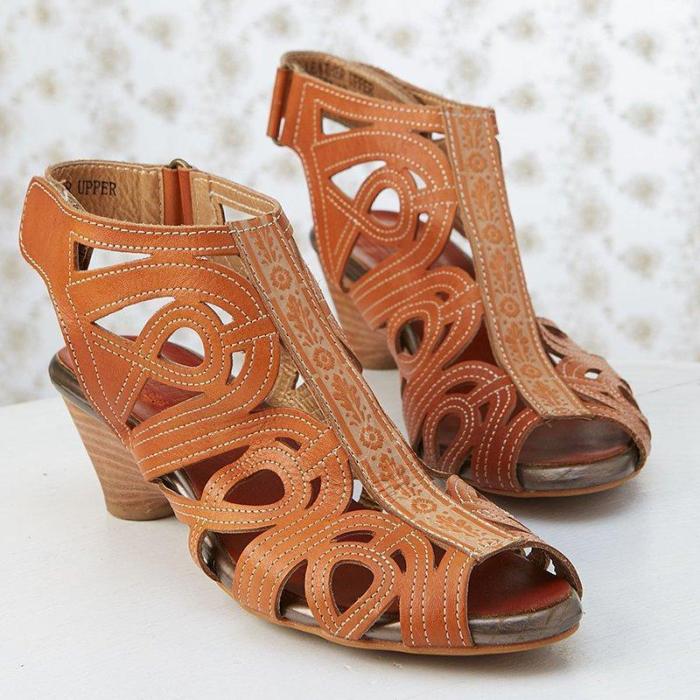 Brown Vintage Hollow-Out Peep-Toe Medium Heels Magic Tape Sling-Back Sandals
